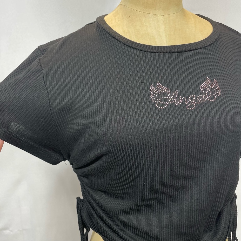 Perfectly Angel Top LG Black Rhinestone Y2K Bling Tee Angelcore Baby Black Glam - Picture 5 of 10
